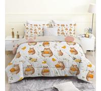 Cartoon Capybara Pattern Single Duvet 135x200 cm - Soft Microfibre Coverless Quilt with Illustrated Orange, Print & 2 Pillowcases | 4.5 Tog Lightweight All-Season Comforter for Kids & Adults-BZAa98