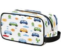 Cartoon Car Cactus Pattern Toiletry Bag for Travel, Cosmetic Makeup Bag Waterproof Polyester Shaving Bag for Men Women Kids, Portable Organizer for Bathroom Gym Vacation