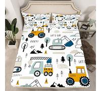 Cartoon Car Kids Fitted Sheet Construction Bed Sheet Set Decor Equipment Trucks Bedding Set Cartoon Car Excavator Tractor White Yellow Bed Cover Bedroom Quilt Cover 2Pcs Single
