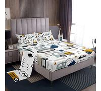 Cartoon Car Kids Sheet Set Construction Bed Sheets Set Decor Equipment Trucks Sheets with Deep Pocket Fitted Sheet Cartoon Car Excavator Tractor White Yellow Bedding Set Single Quilt Cover 3Pcs