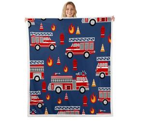 Cartoon Car Sherpa Blanket Fire Truck Fleece Throw Blanket for Bed Sofa Couch Kids Room Decor Firefighter Plush Blanket Firemen Car Vehicle Fire Engine Blue Red Fuzzy Blanket Baby 30"x40"