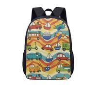 Cartoon Car Train Plane Vehicle Backpack for Kids, 17 Inch Nursery School Bag with Hand-drawn Illustration Print, Colorful Transport Pattern (13)