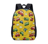 Cartoon Car Train Plane Vehicle Backpack for Kids, 17 Inch Nursery School Bag with Hand-drawn Illustration Print, Colorful Transport Pattern (01)
