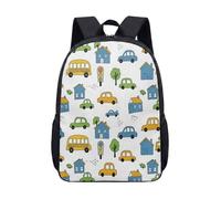 Cartoon Car Train Plane Vehicle Backpack for Kids, 17 Inch Nursery School Bag with Hand-drawn Illustration Print, Colorful Transport Pattern (07)