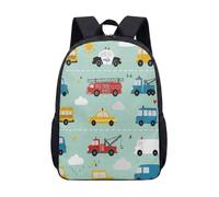 Cartoon Car Train Plane Vehicle Backpack for Kids, 17 Inch Nursery School Bag with Hand-drawn Illustration Print, Colorful Transport Pattern (05)