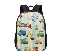 Cartoon Car Train Plane Vehicle Backpack for Kids, 17 Inch Nursery School Bag with Hand-drawn Illustration Print, Colorful Transport Pattern (11)