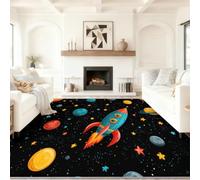Cartoon Carpets for Teen Boy Gril Kids | Space Rocket Planets Starry Sky Non-Slip Bed Rugs Bedroom Living Room Decorations Black180 x 240 cm