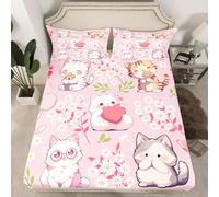 Cartoon Cat Bed Deep Pockets Double Size,Smiling Cute Pet Animals Fitted Sheet for Kids Teens Adults Bedroom Decor,Daisy Leaf Printed Pink Bed Cover 3pcs,2 Pillowcases,No Top Sheet