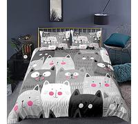 Cartoon Cat Bedding Set Black Gray Pink Kitten 3D Printing Duvet Cover with Zipper Microfiber Polyester Girl Woman Bedroom Soft Quilt Cover and Pillowcase 50x75 cm (Grey,Double 200x200 cm)