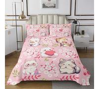 Cartoon Cat Bedspread King Size,Smiling Cute Pet Animals Coverlet Set 3pcs,Daisy Leaf Printed Pink Bedding Set for Kids Adults Room Decor,2 Pillowcases