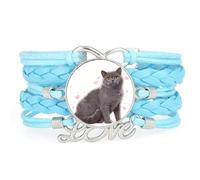 Cartoon Cat Bubble Lucky love heart adjustable leather braided bracelet Blu