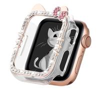 Cartoon Cat Case Compatible with Apple Watch Cover for Women iWatch Series 10 46mm 42mm, Series 9 8 7 41mm 45mm, Series 6 5 4 SE 40mm 44mm, Bling Rhinestone Cute Protective Clear PC Frame