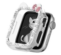 Cartoon Cat Case Compatible with Apple Watch Cover for Women iWatch Series 10 46mm 42mm, Series 9 8 7 41mm 45mm, Series 6 5 4 SE 40mm 44mm, Bling Rhinestone Cute Protective Clear PC Frame