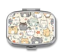 Cartoon Cat Flower Pill Case Box with 2 Compartment Medicine Vitamin Organizer for Purse Pocket 5.5x4cm