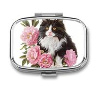 Cartoon Cat Flower Pill Case Box with 2 Compartment Medicine Vitamin Organizer for Purse Pocket 5.5x4cm