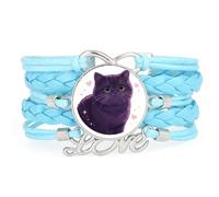 Cartoon Cat Fortune Girl love heart adjustable leather braided bracelet Blu