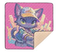 Cartoon Cat Graffiti Style Colorful Hip Pop Hot Pink Large Sturdy Baby Girl Play mat for Floor Lightweight foldablravel Play Mat for Baby Kids Toddlers Infants, 50'' x 50''alfombra de