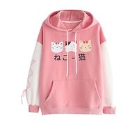 Cartoon Cat Kawaii Hoodies for Women UK Sale Clearance Pink Navy Long Sleeve Sweatshirts Streetwear Japanese Style Pullover Oversized Hoodie Friends T shirt Drawstring Jumper Tops with Pockets