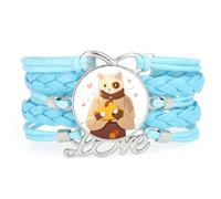 Cartoon Cat Pet Big eyes love heart adjustable leather braided bracelet Blu