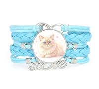 Cartoon Cat Pet Creative love heart adjustable leather braided bracelet Blu