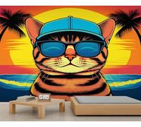 Cartoon Cat Wall Mural Tropical Sunset Wall Art Sunglasses Cat Mural Beach Theme Wall Sticker 3D Animal Murals Wallpaper for Living Room Bedroom Nursery 150 x 100 cm