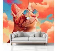 Cartoon Cat with Sunglasses Clouds Non-Woven Wallpaper 400 x 280 cm Bedroom Wall Mural, Orange Photo Wallpaper Poster Wall Covering, for Children’s Room Home Restaurant Living Room Hallway