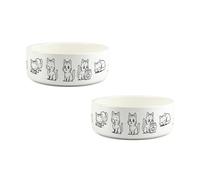 Cartoon Cats Pet Bowl Set - Cat Doodle Artwork Small Ceramic Food/Water Bowls - White Feeding Dish/Gift for Cat Owners Set of 2