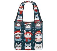 Cartoon Cats Wearing Different Christmas Outfits Canvas Tote Bag for Women, Reusable Grocery Shopping Cloth Bag with Wide Handle