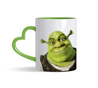 Cartoon Character Mug - Funny Shrek 11 oz Coloured Heart Handle Ceramic Coffee Mug. (Green Heart Handle)
