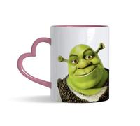 Cartoon Character Mug - Funny Shrek 11 oz Coloured Heart Handle Ceramic Coffee Mug. (Pink Heart Handle)