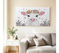 Cartoon Childish Fun Large Framed Canvas Wall Art, Cow Wreath Heart Decor Poster Prints for Above Sofa, Living Room Wall Canvases Artwork - 100x75 cm