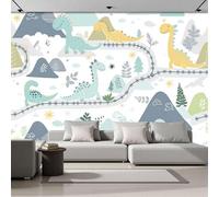 Cartoon Childlike Fun Panoramic Wallpaper, Non-Woven Art Print Dinosaurs Hills Wall Mural Decor, Blue Photo Wallpaper for Living Room Bedroom Home Decoration Wall Poster 400 x 280 cm