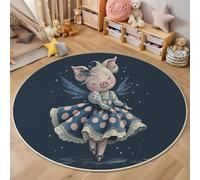 Cartoon Childlike Fun Round Area Rug 160cm, Non-Slip Soft Cosy Anthropomorphism Pig Printed Rugs, Washable Low Pile Non Shedding Blue Circle Carpet for Living Room Bedroom Bedside Playroom