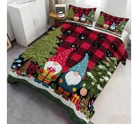 Cartoon Christmas Duvet Cover Queen 230x220 cm Quilt Covers with 2 Pillowcases, Red And Black Checkered Pattern Bedding Set, Children's Bedroom Decoration Duvet Cover with Zipper Ties