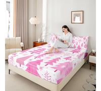 Cartoon Christmas Pine Kids Double Size Fitted Sheet,Snowflake Dot Geometric Patchwork Boys Girls Bed Sheets,Rustic Natural Room Decor,Light Pink Bedding Set,2 Pillowcases(No Flat)