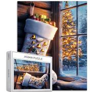 Cartoon Christmas Stockings 1000 Piece Jigsaw Puzzles for Adults Christmas Tree Background Art Jigsaw Puzzle Challenging Family Activity Games Colorful DIY Craft Puzzle for Home Decor Gifts 50×70cm