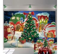 Cartoon Christmas Village Photography Backdrop Winter Snow Pine Tree Background Xmas Fairy Tale Animated Kid Party Photo Booth Banner Background (7x5FT)
