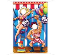 Cartoon Circus Carnival Face Cutout Photo Booth Backdrop 3.3 x 5 FT - Funny Blonde Aerialist on Swing & Strongman with Dumbbell Face in Hole Background, Kid Circus Bday Party Decor