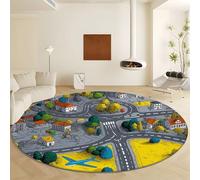 Cartoon City Buildings Map Round Area Rug, Grey Print Non Shedding Large Carpet - Machine Washable Area Rugs Diameter 120 cm with Non Slip Backing for Living Room Bedroom Decor