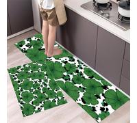Cartoon Clover Kitchen Rug Set, 2 Pieces Non Slip and Anti Fatigue Leopard Texture Kitchen Mat Set, Washable Floor Mat, Dark Green Standing Mats for Hallway Bedroom 40x60cm+40x120cm