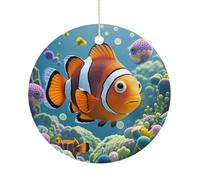 Cartoon Clown Fish Double-Sided Ceramic Christmas Ornaments - Round Hanging Mini Xmas Tree Decorations, Ideas for Farmers, Rustic Home Decor for Indoor Outdoor Tree Decor
