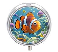 Cartoon Clown Fish Pill Organizer 3 Compartment Travel Pillbox with Mirror Daily Medicine Pill Case Metal Pill Box for Purse & Pocket Portable Small Medicine Box Round Vitamin Case Container