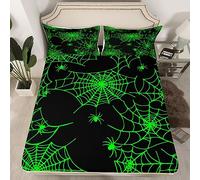 Cartoon Cobweb Bat Fitted Sheet Double, Fluorescent Green Cobweb Bedding Set Horror Theme Bed Sheet Set for Kids Boys Girls Spider Print Bed Cover Kawaii (2 Pillow Cases and a fitted sheet)