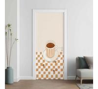 Cartoon Coffee Cup 3D Door Stickers Peel and Stick, Coffee Bean Poster PVC Removable Waterproof Stickers, Rural Buffalo Plaid Door Decals Adhesive Sticker Interior Murals for Home Decor, 95x215 cm