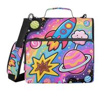 Cartoon Colored Space Rockets Planet 3 Rings 1.5 inch Binder Zipper with Handle Multi-Pocket Portable Home Travel Safe Storage Bag for School and Office
