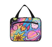 Cartoon Colored Space Rockets Planet Hanging Toiletry Bags for Men with Hook, Designer Foldable Makeup Bags for Men Trip bolso para maquillaje L