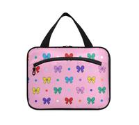 Cartoon Colorful Bow Pink Hanging Travel Cosmetic Bags for Women with Hook, Designer Washable Make up Bags for Women Travel Vacation bolsas para maquillaje L