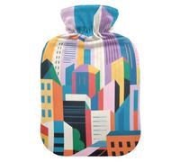 Cartoon Colorful Buildings hot Bottle Water Bag with Soft Cover, 1L Warm Water Bottle for Bed for Sore Muscle