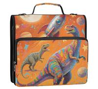 Cartoon Colorful Dinosaur Rockets 3 Rings Zipper Binder Organizer with Handle and Removable Shoulder Strap Waterproof Portfolio Binder for Middle School