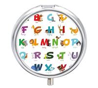 Cartoon Colorful English Alphabet with Funny Zoo Animals on White Iron Pill Box Case Organizer with Internal Separate Plastic Dividers, Travel Small Medicine Bag Holder Carrier Round Container